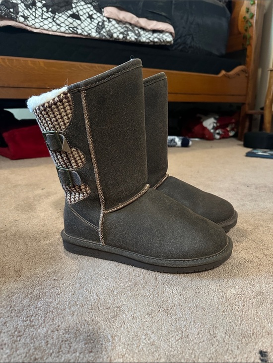 BearPaw Shoes - BearPaw Women’s Mid-Calf Faux-Suede Winter Boots in Dark Brown with Knit Accent